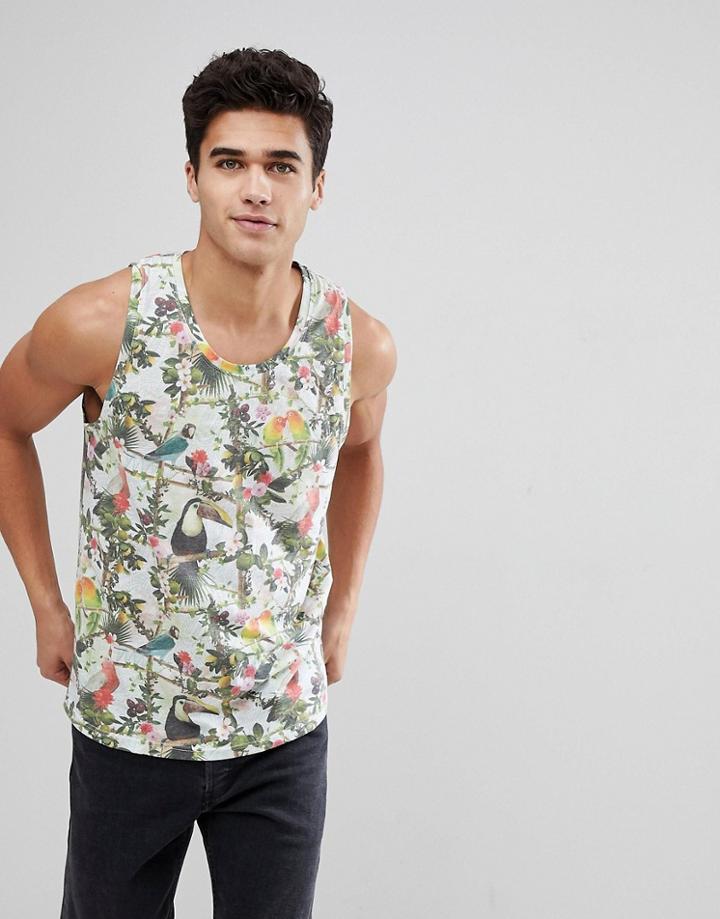 Solid Tropical Bird Print Tank - White