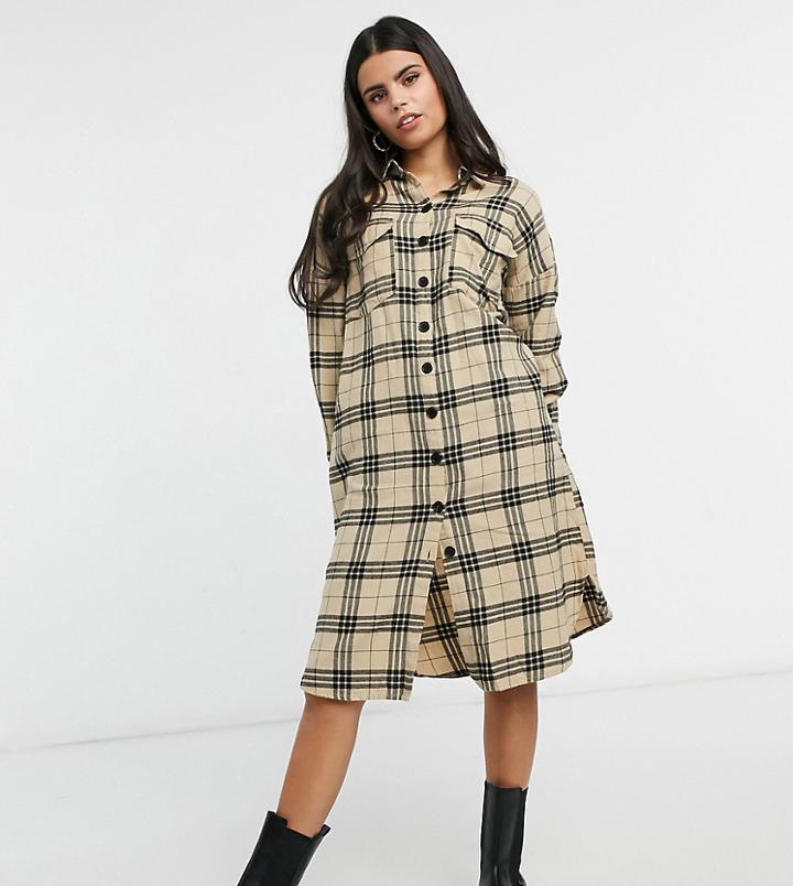 Noisy May Petite Longline Shirt Dress In Camel Plaid-multi