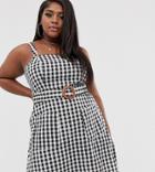 Asos Design Curve Square Neck Linen Mini Sundress With Wooden Buckle In Mono Gingham-multi