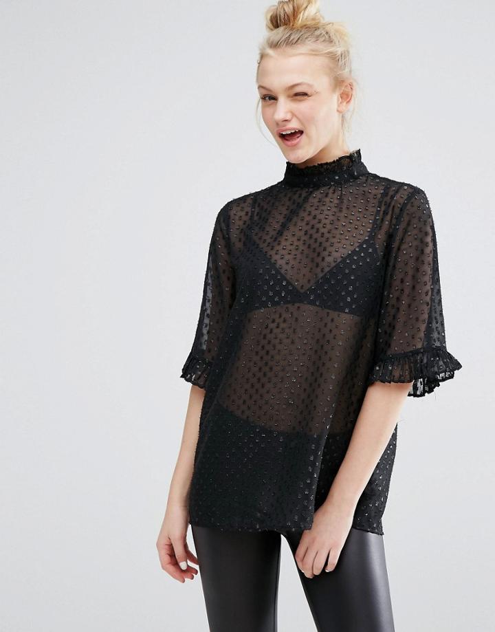 Monki Sheer Metallic Frill Sleeve Blouse - Black