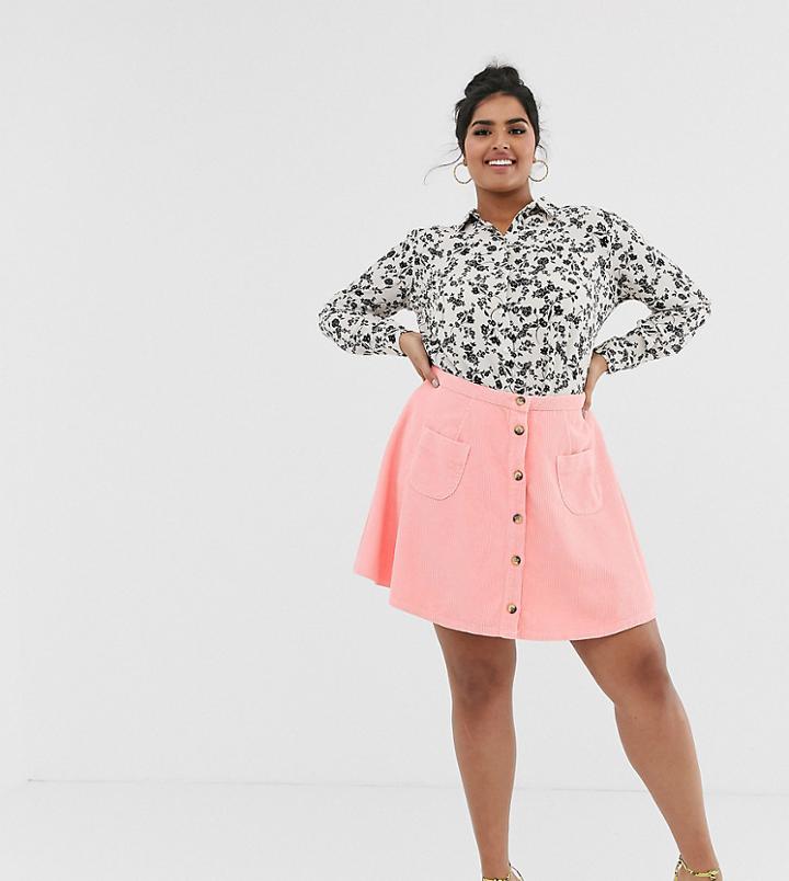 Asos Design Curve Cord Mini Skater Skirt With Buttons And Pockets-pink