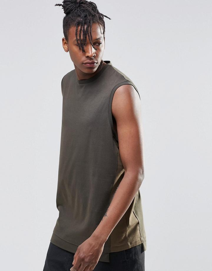 Asos Oversized Sleeveless T-shirt With Contrast Panels In Khaki - Khaki