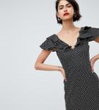 River Island Ruffle Shoulder Polka Dot Bodycon Mini Dress - White