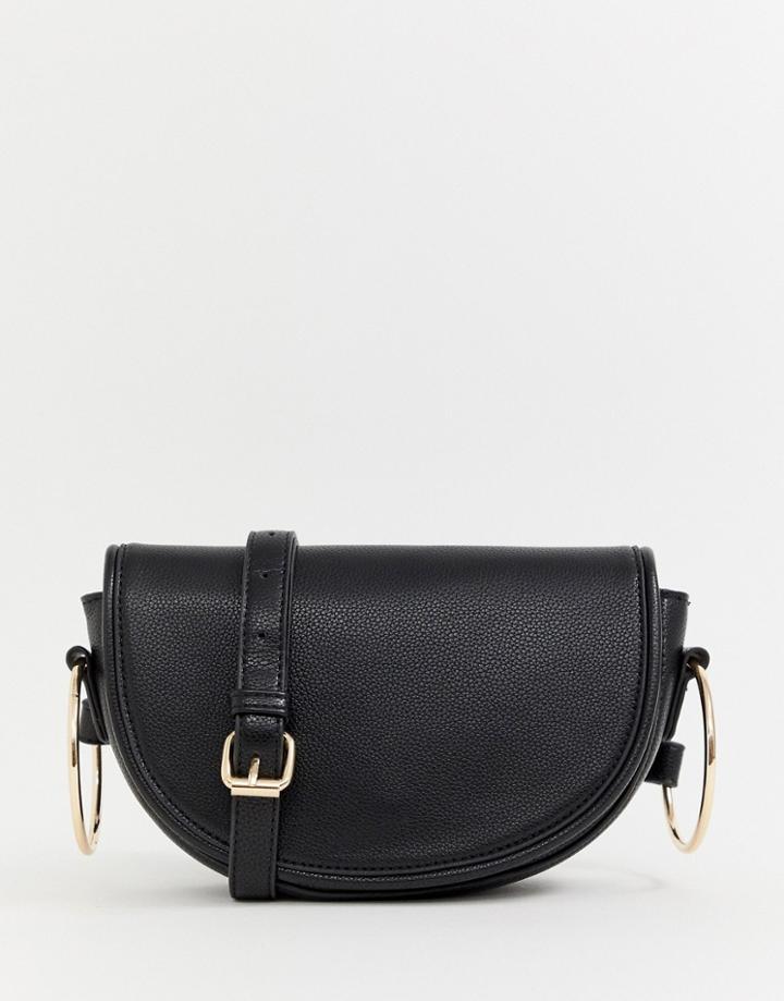 Glamorous Black Half Moon Crossbody Statement Bag With Gold Ring Detail