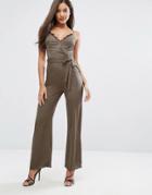 Michelle Keegan Loves Lipsy Satin Jumpsuit With Lace Insert - Green