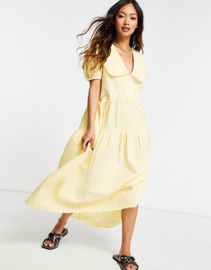 Neon Rose Midi Smock Dress With Oversized Collar And Tiered Skirt In Gingham-yellow