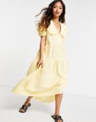 Neon Rose Midi Smock Dress With Oversized Collar And Tiered Skirt In Gingham-yellow