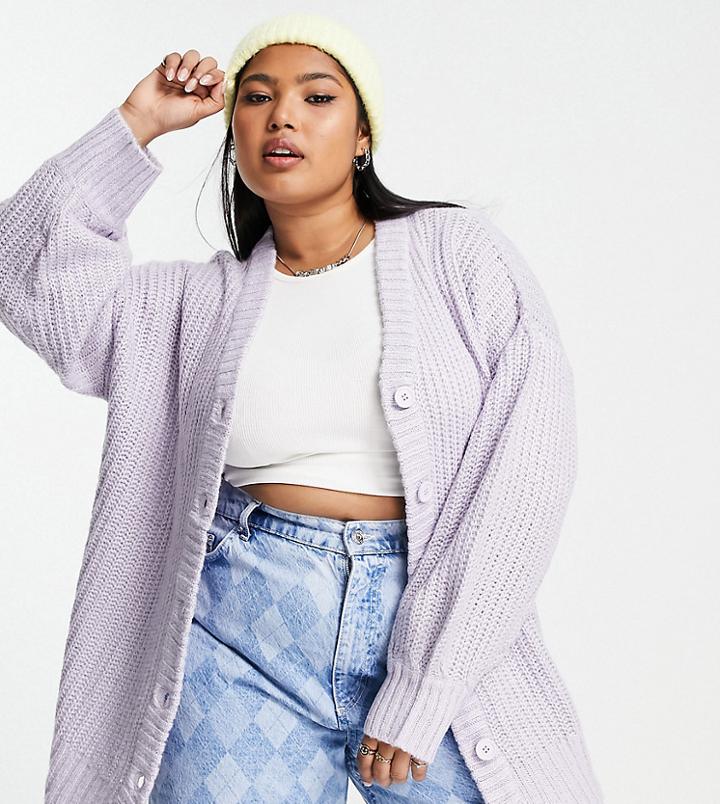 Violet Romance Plus Oversized Cardigan With Balloon Sleeves In Lilac-purple