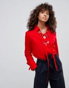 Neon Rose Lace Up Eyelet Shirt - Red