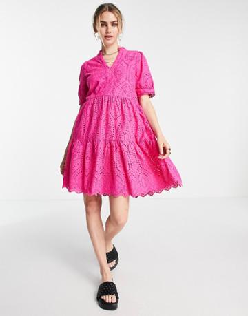 Y.a.s Cotton High Neck Tiered Eyelet Mini Dress In Bright Pink - Bpink