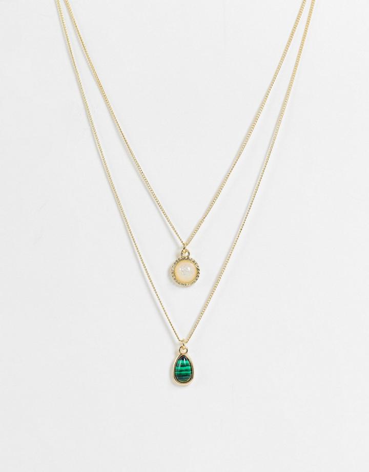 Designb London Multirow Necklace With Semi Precious Pendant-gold