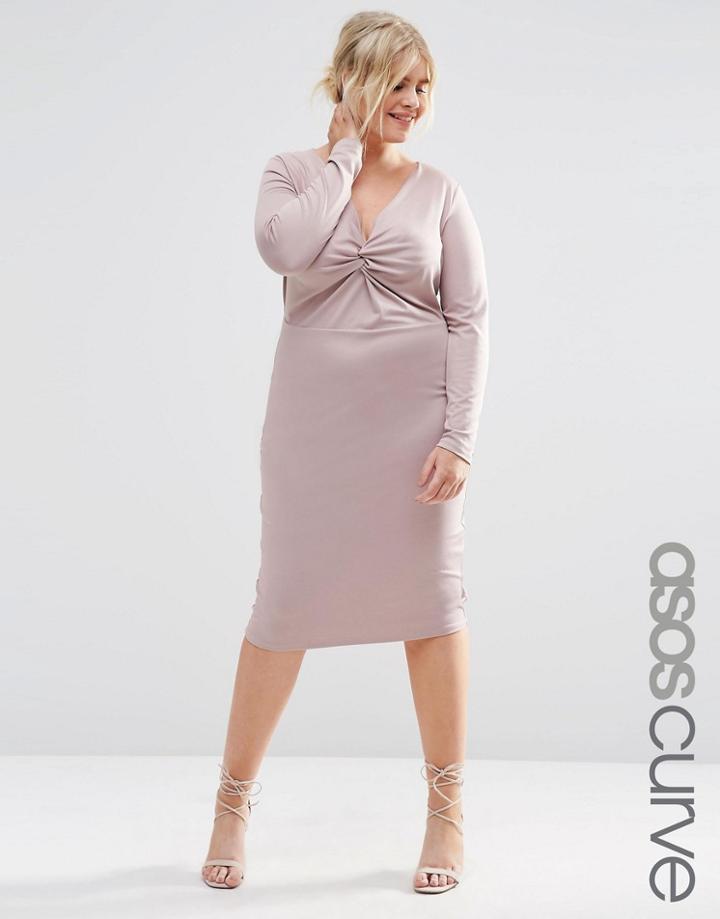 Asos Curve Midi Pencil Dress With Plunge Knot - Gray