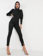 Asos Design Puff Sleeve Open Back Scuba Jumpsuit With Split Leg In Black