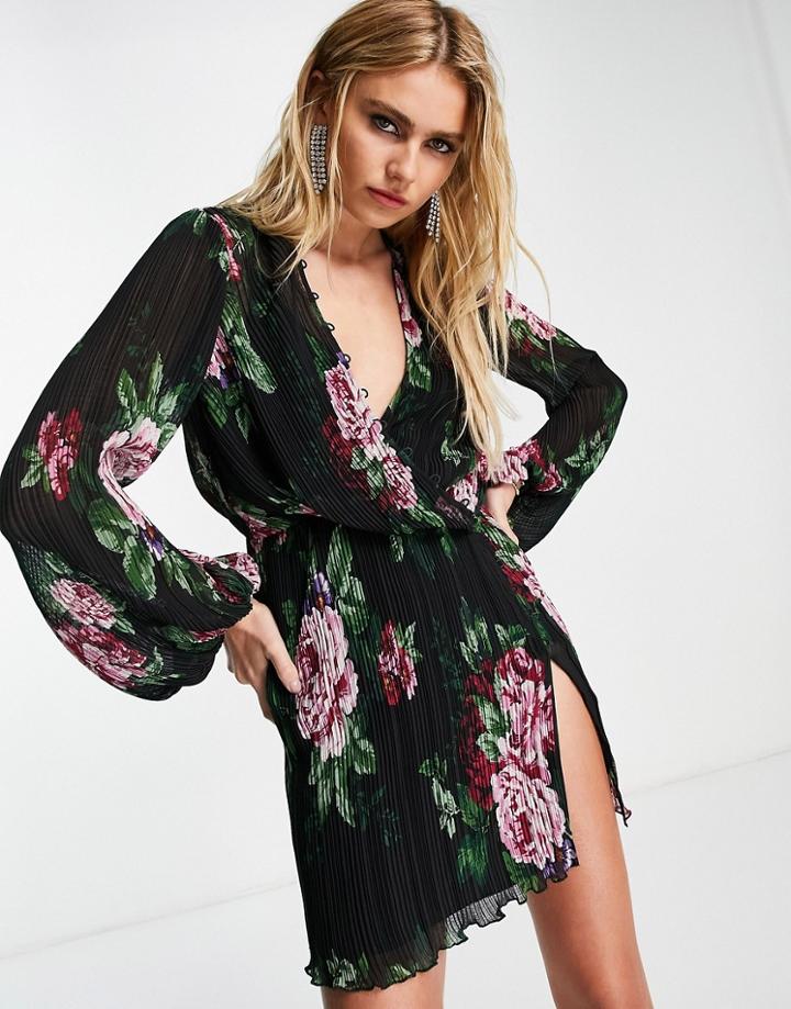 Asos Design Drape Front Mini Dress With Button Detail In Rose Printed Plisse-multi