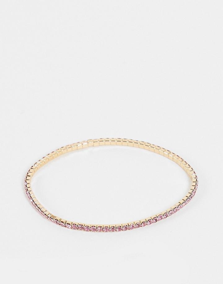 Asos Design Stretch Bracelet With Pink Crystal In Gold Tone