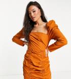 Missguided Milkmaid Puff Sleeve Mini Dress In Rust-copper