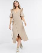 Never Fully Dressed Ruffle Cold Shoulder Wrap Tie Knitted Midi Dress In Camel-brown