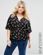 Asos Curve Wrap Front Tea Blouse In Floral Print - Multi