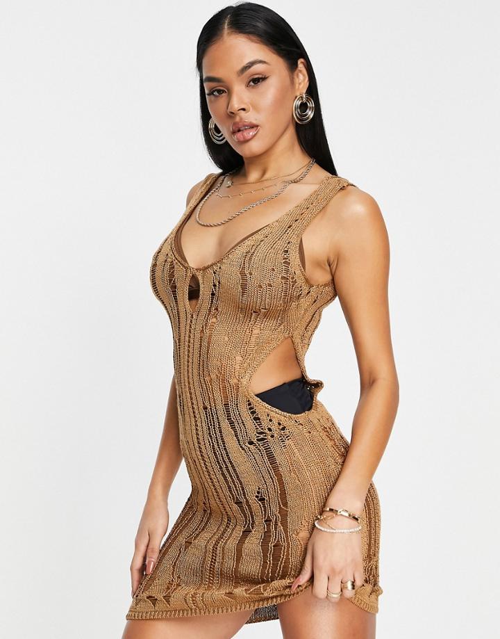 Asos Design Open Stitch Mini Dress With Side Cut Outs In Stone-neutral