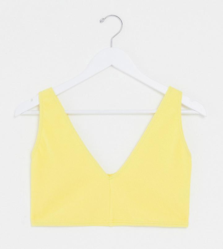 Asos Design Curve V Front Crinkle Crop Bikini Top In Yellow