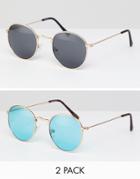 Asos Design 2 Pack Round Sunglasses In Gold With Smoke & Turquoise Lens Save - Gold