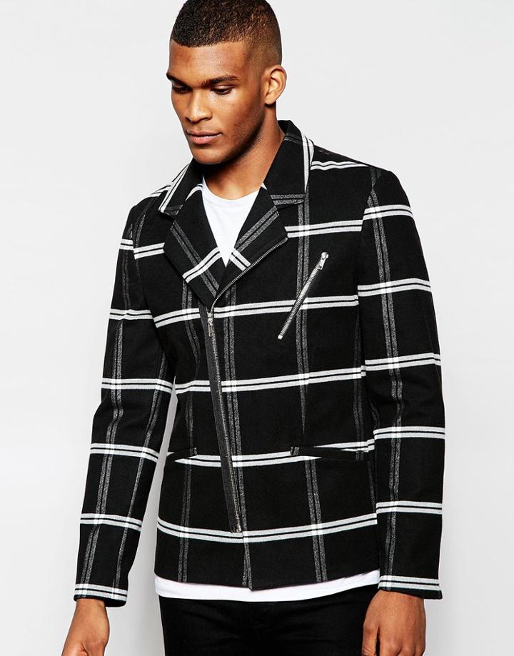 Asos Slim Blazer With Biker Styling In Check - Black