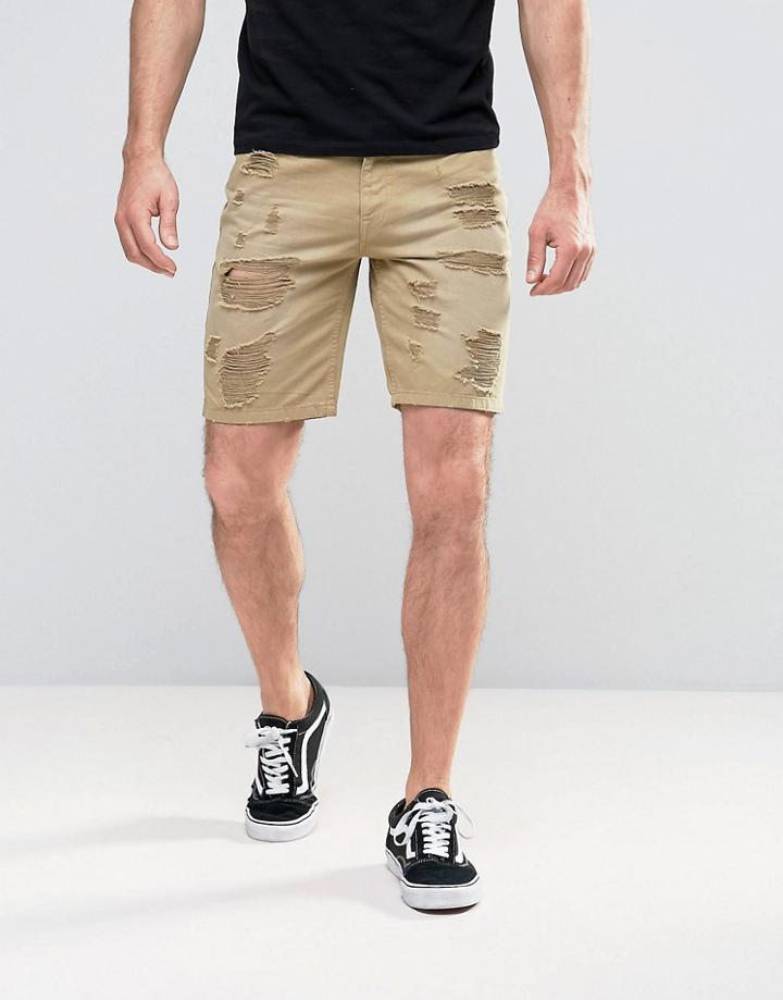 Asos Slim Shorts With Rip & Repair Detail In Light Brown - Green