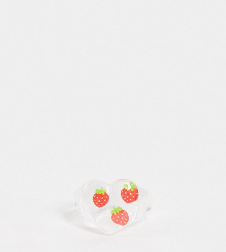 Asos Design Curve Ring In Heart Shape With Trapped Strawberries In Clear Plastic