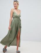Asos Design Woven Wrap Maxi Beach Dress - Green