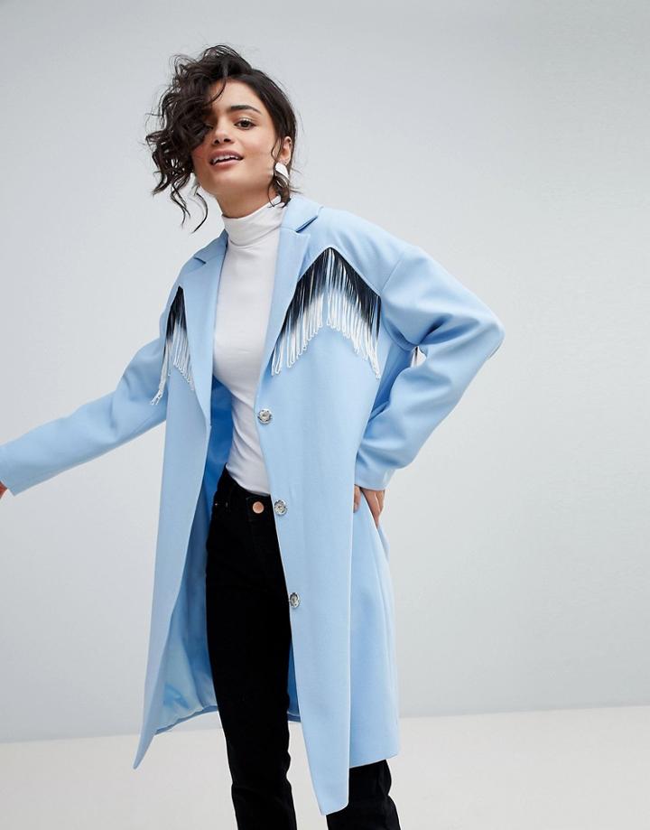 Asos Design Coat With Fringing - Blue