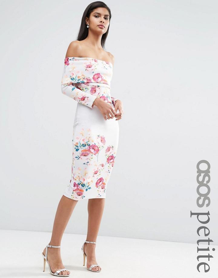 Asos Petite Deep Bardot Placed Floral Print Dress - Multi