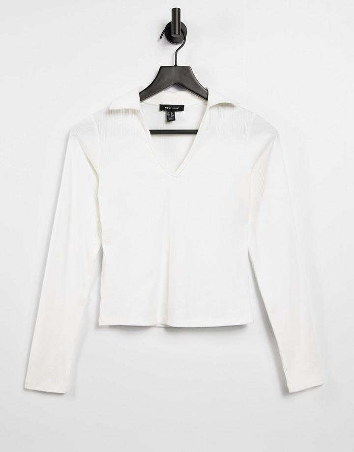New Look Long Sleeve Collar Top In White