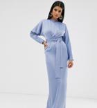 Asos Design Tall Maxi Dress With Batwing Sleeve And Wrap Waist In Satin - Blue