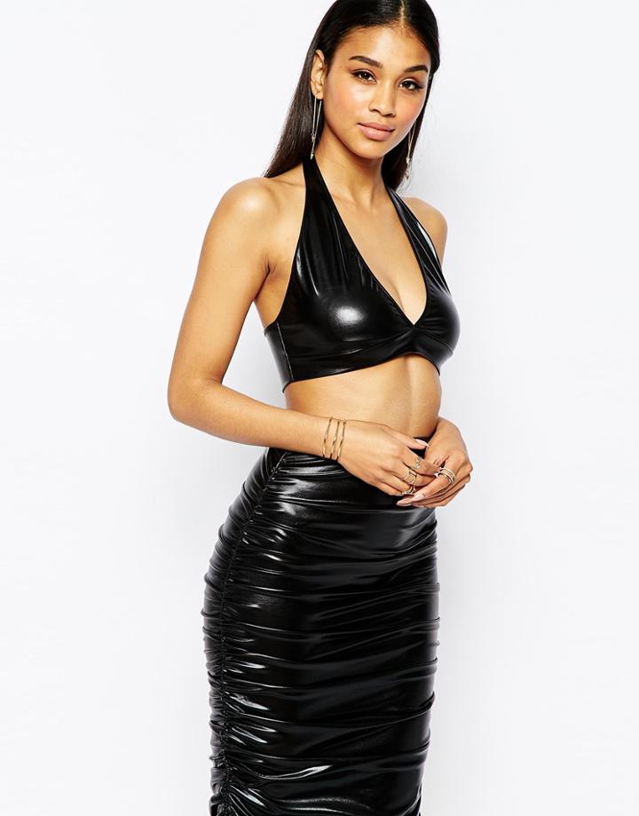 Club L High Shine Plunge Crop Top - Black