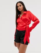 Asos Design Long Sleeve Wrap Shirt In Satin - Red