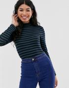 Brave Soul Orion Roll Neck Top In Stripe - Navy