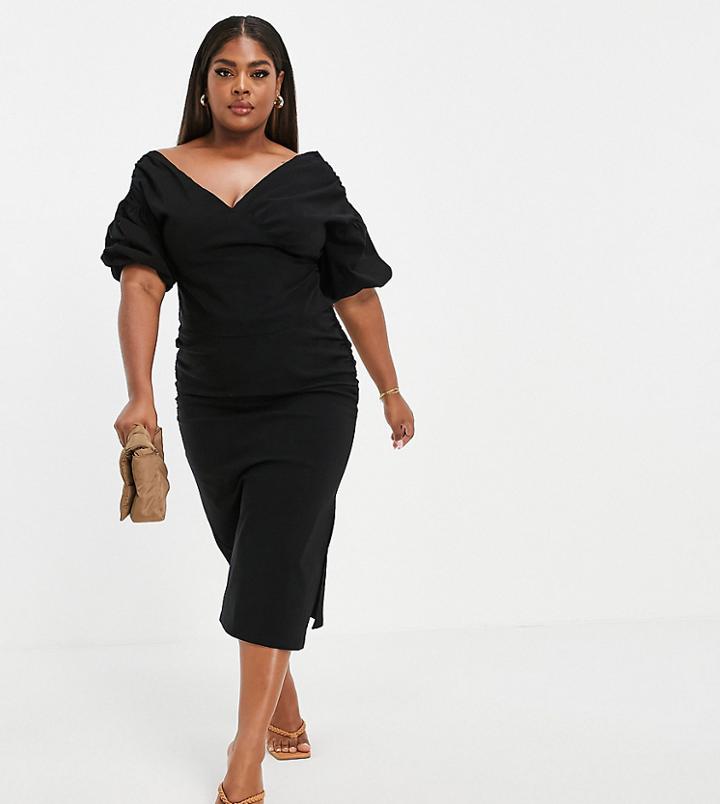 Asos Design Curve Fallen Shoulder Top With Puff Sleeve In Black - Part Of A Set