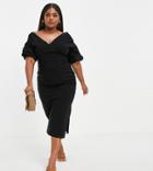Asos Design Curve Fallen Shoulder Top With Puff Sleeve In Black - Part Of A Set
