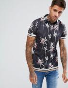 Asos Polo With All Over Floral Print And Revere Collar - Black