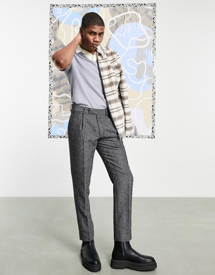 Asos Design Slim Wool Mix Pants With Back Cinch In Black Herringbone