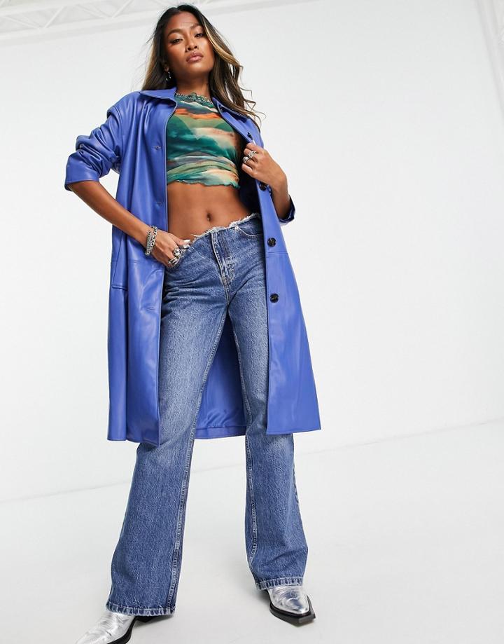 Bershka Faux Leather Trench Coat In Bright Blue