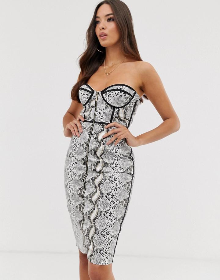 Rare London Pu Bodycon Mini Dress With Zip Front In Snake - Multi