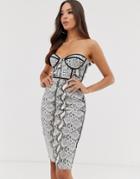 Rare London Pu Bodycon Mini Dress With Zip Front In Snake - Multi