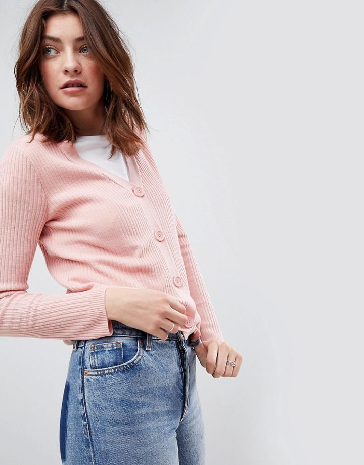 Asos Cardigan In Rib With Button Detail - Pink