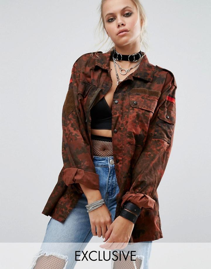 Milk It Vintage Military Jacket In Overdye Camo - Red