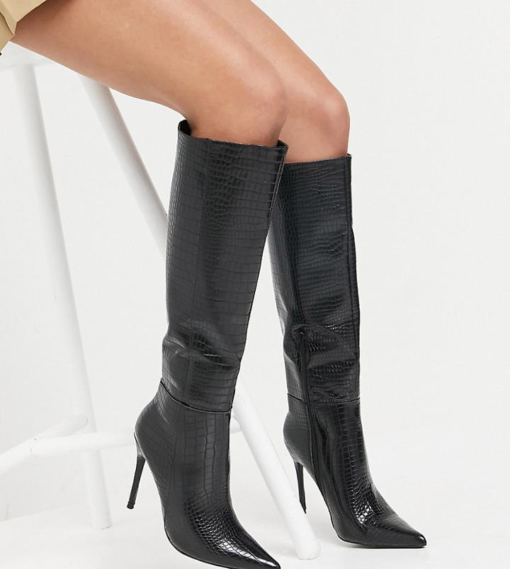 Public Desire Wide Fit Aimi Knee Boots In Black Croc