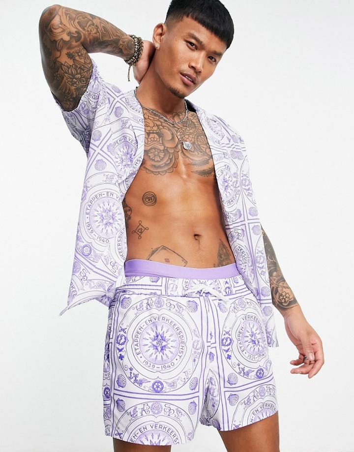 Asos Design Relaxed Deep Revere One Button Shirt In Nautical Print - Part Of A Set-white