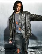 Asos Design Oversized Real Leather Moto Jacket In Washed Black