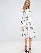 Asos Midi Dress With High Neck In Cream Floral - Multi