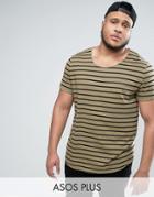 Asos Plus Longline Striped T-shirt With Curved Hem And Roll Sleeve - Green